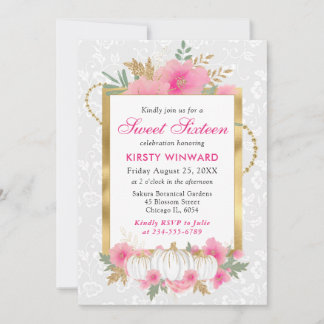 Wasserfarbenfall Pink Gold Floral Pumpkin Sweet 16 Einladung