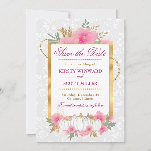 Wasserfarbenfall Pink & Gold Kürbiskürbis Hochzeit Save The Date (Vorderseite)