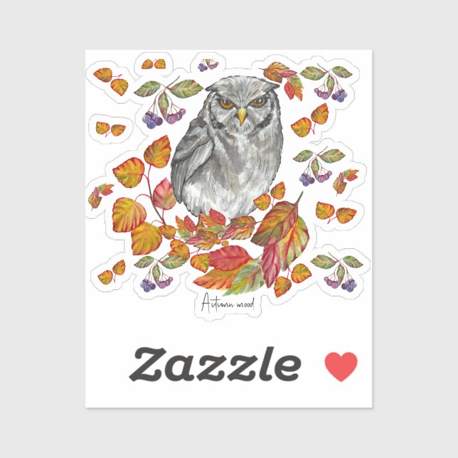 Wasserfarbenfall schöne Eule und Blätter Aufkleber (Blatt)