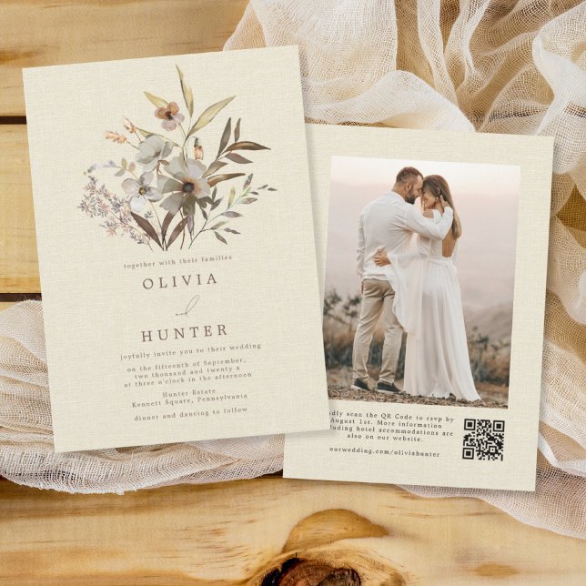 Wasserfarbenfall Wildblumen Imitate Linen Hochzeit Einladung (Von Creator hochgeladen)