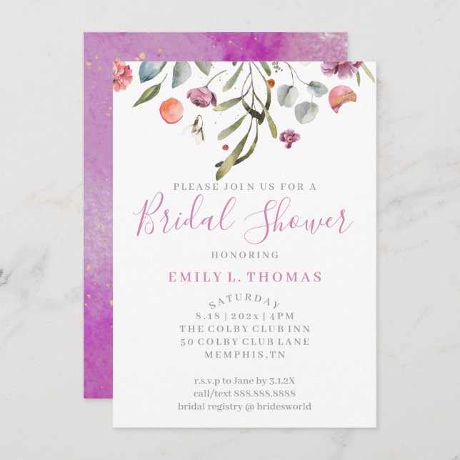 Wasserfarbenfallendes Brautparty von Blume, Lila i Einladung (Vorne/Hinten)
