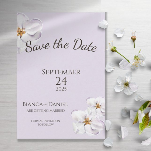 Wasserfarbenfeder-Blüte Save the Date (Lilac light purple with white spring watercolor flowers, floral in blossom)