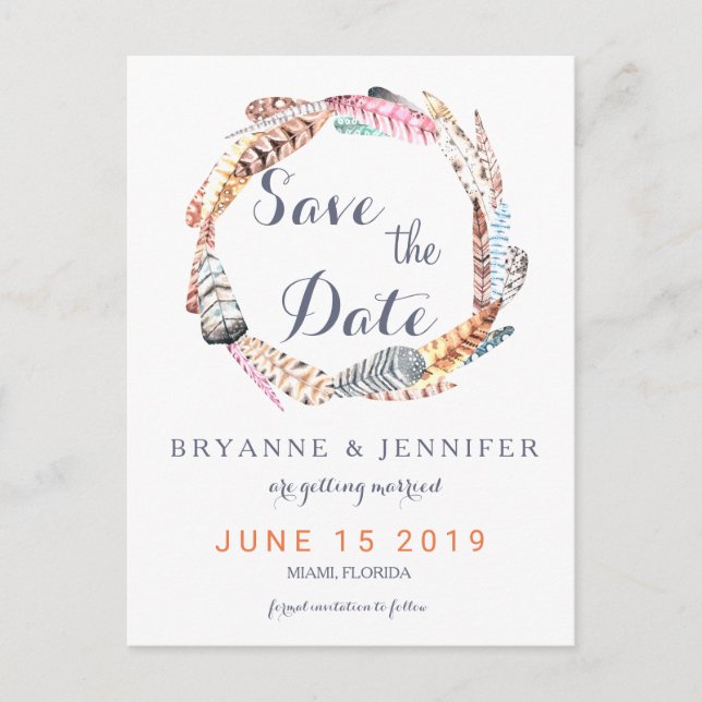 Wasserfarbenfedern Rustikale Bohemisch Save the Da Ankündigungspostkarte (Vorderseite)