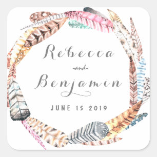 Wasserfarbenfedern Rustikale Bohemische Hochzeit Quadratischer Aufkleber