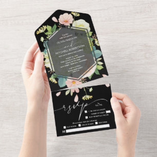 Wasserfarbenflora auf der Schwarzen Hochzeit All In One Einladung