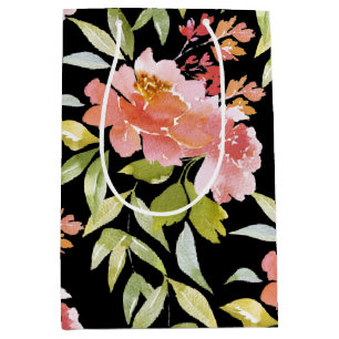 Wasserfarbenflora in Schwarz Mittlere Geschenktüte