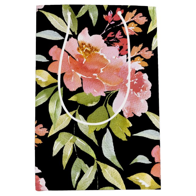 Wasserfarbenflora in Schwarz Mittlere Geschenktüte (Vorderseite)