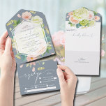 Wasserfarbenfloral auf Dusty Blue Wedding All In One Einladung<br><div class="desc">Elegante Aquarell-Hydrangeas, rosa und cremefarbene Rose, Gänseblümchen und Grünpflanzen auf staubblauem Hintergrund. Diese dreiseitigen Hochzeitseinladungen sind mit schicken Buchstaben in Sektionen und einer abnehmbaren RSVP-Karte versehen, mit der die Gäste die Ehe vollenden und zurückkehren können. **Vergessen Sie nicht, eine postcard Briefmarke auf den RSVP-Kartenabschnitt und eine regelmäßige Briefmarke auf der...</div>
