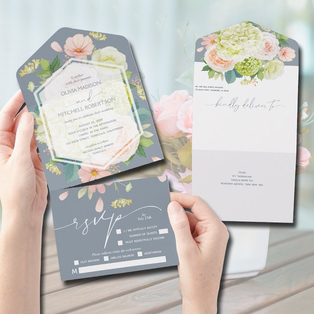 Wasserfarbenfloral auf Dusty Blue Wedding All In One Einladung (Von Creator hochgeladen)