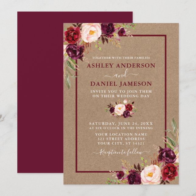 Wasserfarbenfloral Burgundy Kraft Wedding Einladung (Vorne/Hinten)