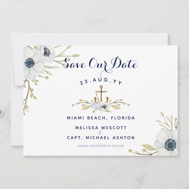 Wasserfarbenflorale Anemone Navy Nautical Wedding Save The Date (Vorderseite)