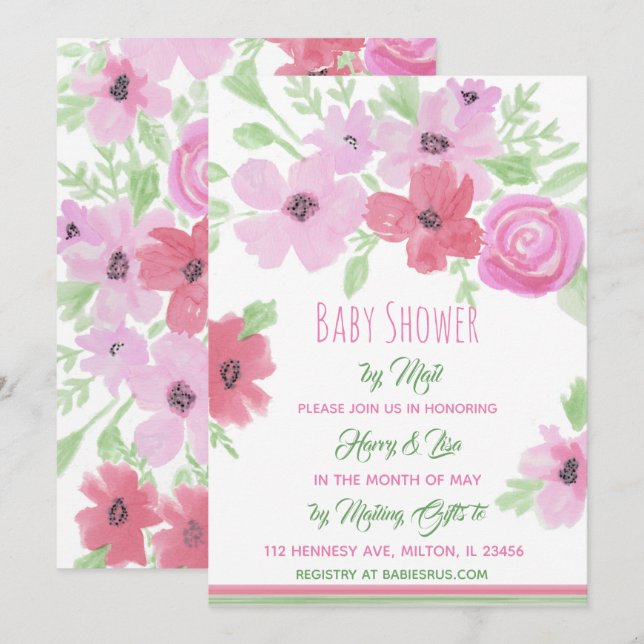 Wasserfarbenflorale Girl's Baby Shower by Mail Einladung (Vorne/Hinten)