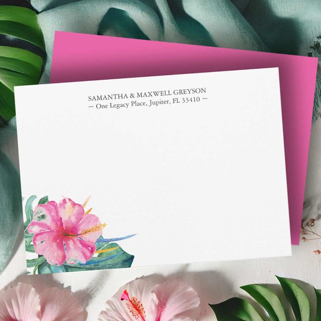 Wasserfarbenflorale Maßgeschneiderte Mitteilungska Mitteilungskarte (Wedding note cards feature watercolor tropical pink hibiscus flower art by Victoria Grigaliunas)
