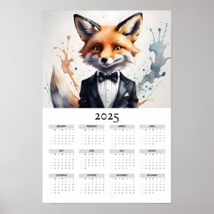Wasserfarbenfox mit einem Tuxedo-2025-Wandkalender Poster