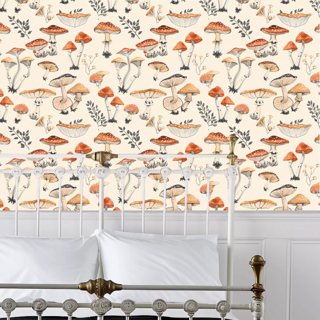 Wasserfarbenfroh-Fungi Tapete (Cottagecore Watercolor Fungi Wallpaper behind a white metal bed frame. )