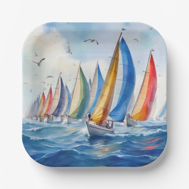 Wasserfarbenfrohe Artwork Sailboat Regatta Pappteller (Vorderseite)