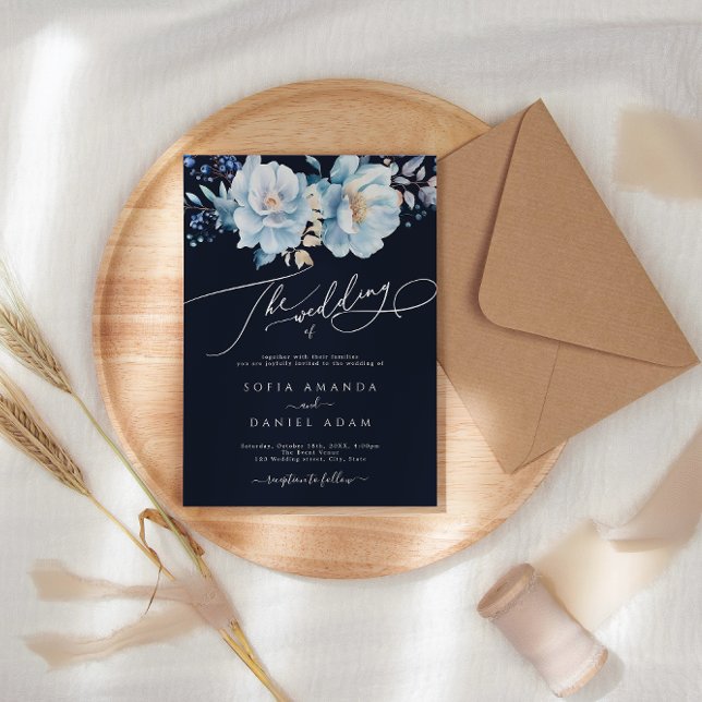 Wasserfarbenfrohe, dunkelblaue Winterblumenhochzei Einladung (Von Creator hochgeladen)