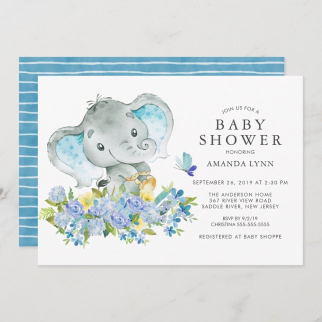 Wasserfarbenfrohe Elephant Baby Boy Dusche Einladung (Vorne/Hinten)