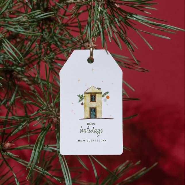 Wasserfarbenfrohe Ferienhaus Geschenkanhänger (Personalized Watercolor Happy Holidays House Gift Tags. Custom Christmas gift tags.)