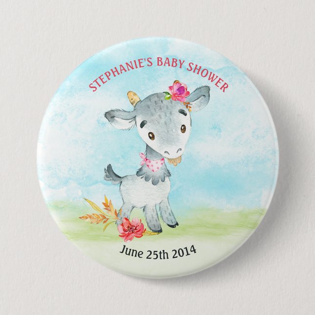 Wasserfarbenfrohe Girl Goat Baby Duschfarm Button (Vorderseite)