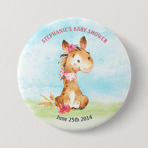 Wasserfarbenfrohe Girl Horse Baby Duschfarm Button