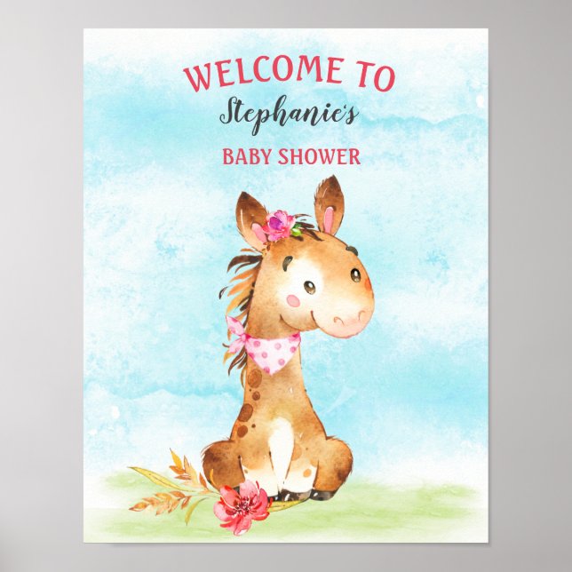 Wasserfarbenfrohe Girl Horse Baby Duschfarm Poster (Vorne)