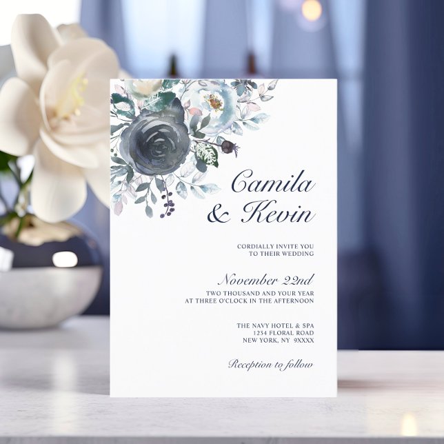Wasserfarbenfrohe Hochzeit der blauen Marine Einladung (Watercolor Dusty Blue Navy Floral Wedding Invitation)