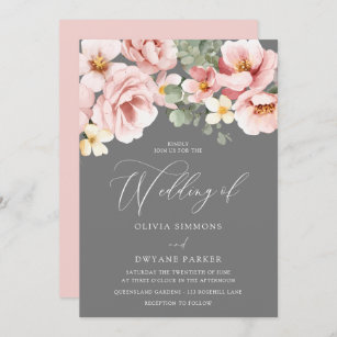Wasserfarbenfrohe Hochzeit mit grauer Blume Einladung