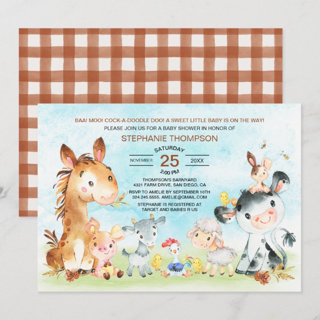 Wasserfarbenfrohe Landtiere Kinderdusche Einladung (Vorne/Hinten)