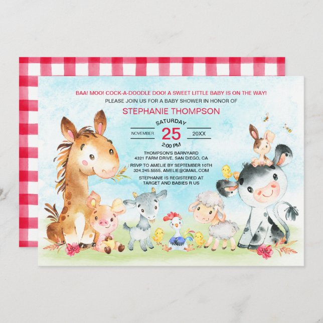 Wasserfarbenfrohe Landtiere Mädchen Kinderdusche Einladung (Vorne/Hinten)