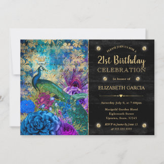 Wasserfarbenfrohe Pfau und Blume Geburtstag Einladung
