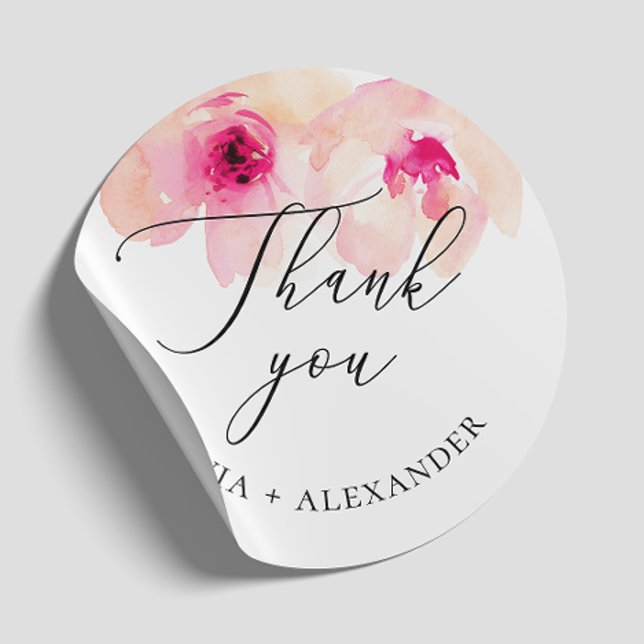 Wasserfarbenfrohe rosa Blumenhochzeit danke Runder Aufkleber (Von Creator hochgeladen)