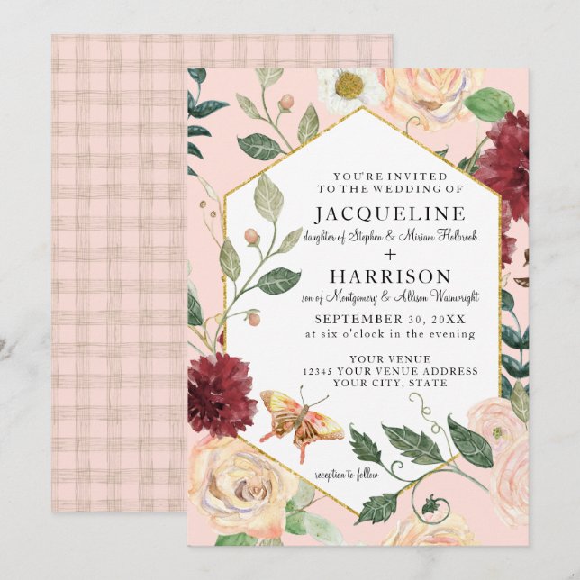 Wasserfarbenfrohe Rose Blütenkoralle Schmetterling Einladung (Vorne/Hinten)