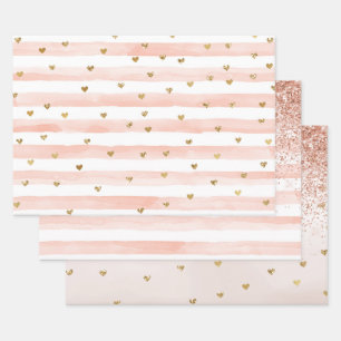 Wasserfarbenfrohe Streifen Gold Glitzer Herz Geschenkpapier Set