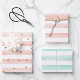 Wasserfarbenfrohe Streifen Gold Glitzer Herz Geschenkpapier Set