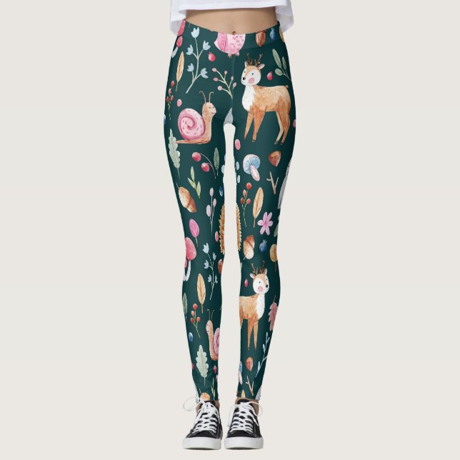 Wasserfarbenfrohe Waldkindermuster Leggings (Vorderseite)