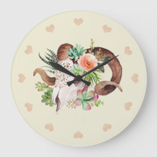 Wasserfarbenfroher Rammschädel und Sukkulturen Große Wanduhr