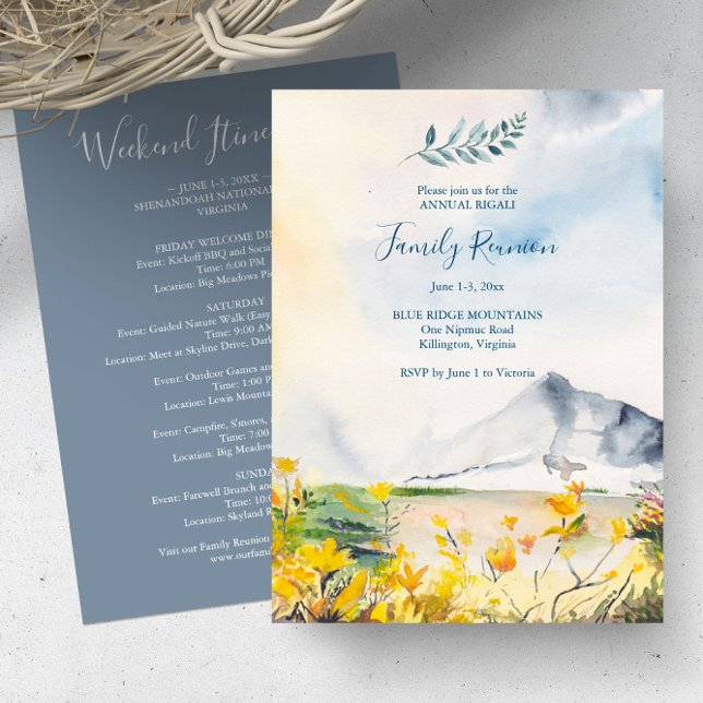 Wasserfarbengebirge Familienreise Wiedersehen Einladung (Family reunion invitations with itinerary watercolor blue ridge mountains yellow florals summer)