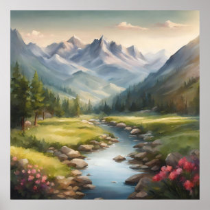 Wasserfarbengebirge Flusslandschaft Poster