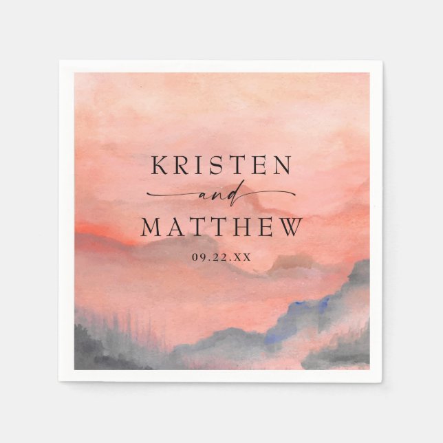 Wasserfarbengebirge Sonnenuntergang Rustikale Hoch Serviette (Vorderseite)