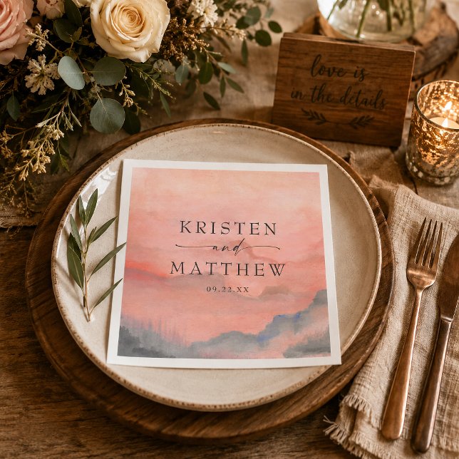 Wasserfarbengebirge Sonnenuntergang Rustikale Hoch Serviette (Personalize your cocktail hour or reception bar with these beautiful watercolor mountain napkins)
