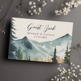 Wasserfarbengebirge und Pinien Rustikale Hochzeit Gästebuch