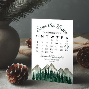 Wasserfarbengebirge und Pinienhochzeitkalender Save The Date