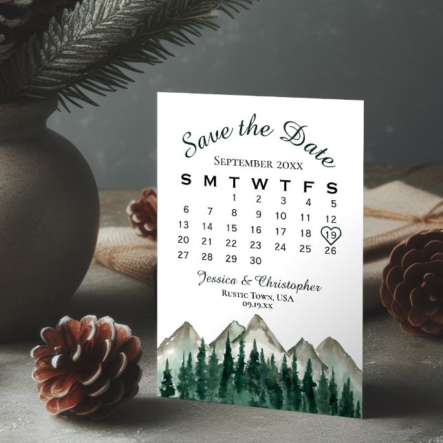 Wasserfarbengebirge und Pinienhochzeitkalender Save The Date (Von Creator hochgeladen)