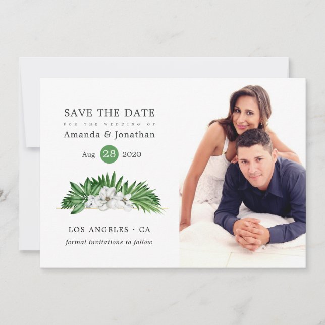 Wasserfarbengeometrische Hochzeit mit tropischer F Save The Date (Vorderseite)
