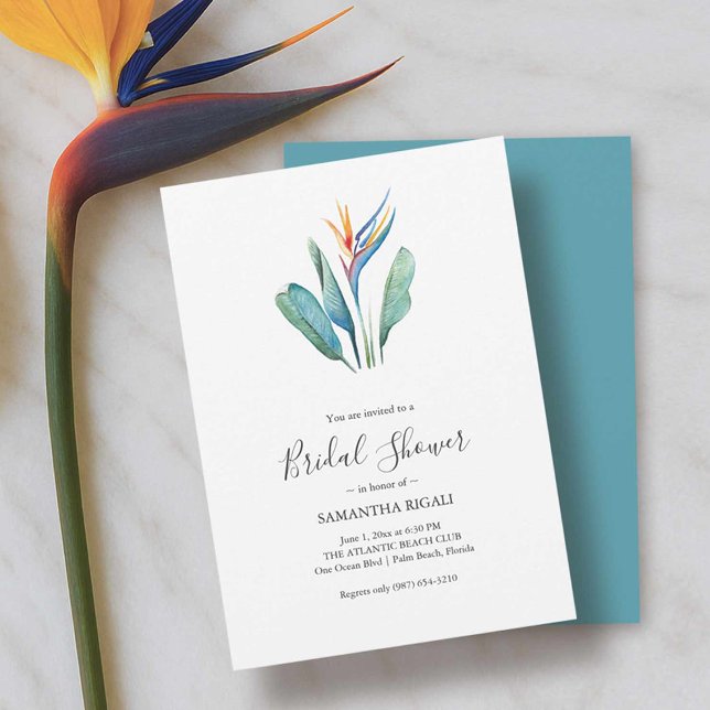 Wasserfarbengezwitscher im Paradies-Brautparty (Bridal shower luncheon invitations tropical bird of paradise art Victoria Grigaliunas DoTellABelle)