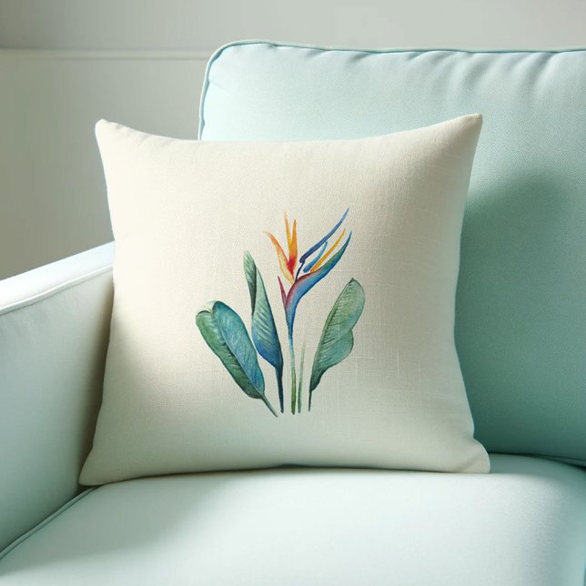 Wasserfarbengezwitscher Kissen (Tropical decor bird of paradise pillow watercolor art by Victoria Grigaliunas Do Tell A Belle)