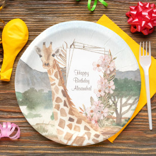WasserfarbenGiraffe in African Savannah Birthday Pappteller
