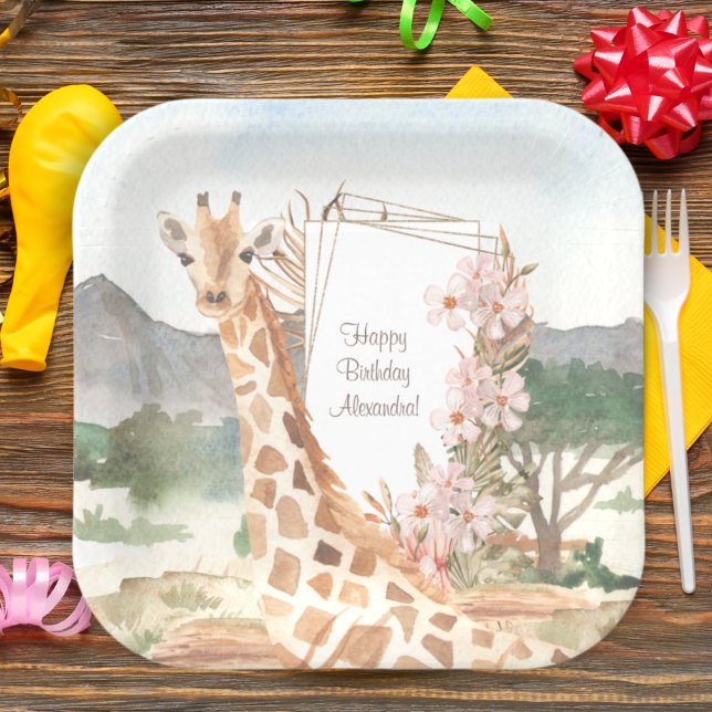 WasserfarbenGiraffe in African Savannah Birthday Pappteller (Von Creator hochgeladen)