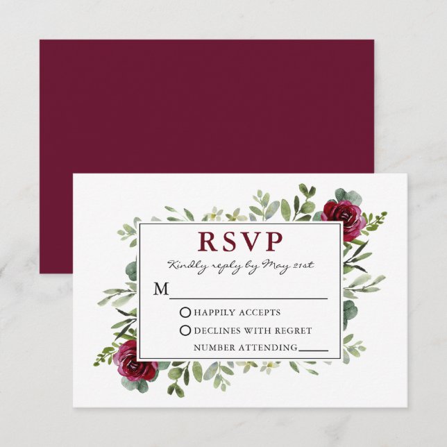 Wasserfarbengrün Burgund Rose Hochzeit RSVP Karte (Vorne/Hinten)